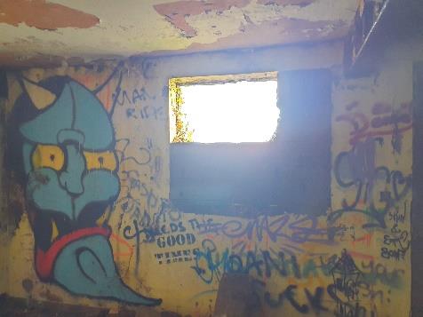 Interior photograph of a dilapidated room with peeling paint and extensive graffiti art on the walls.
