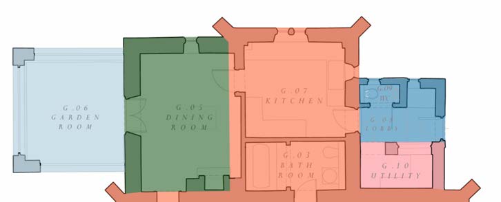 A color-coded architectural floor plan showing the ground floor layout, including a garden room, dining room, kitchen, and utility areas.