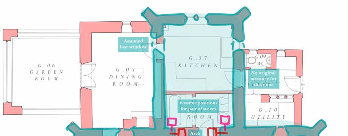 This image displays a color-coded architectural floor plan showing room layouts such as a kitchen, dining room, and utility area, with annotations regarding window and door alterations.