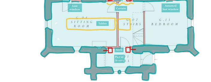 The image displays a colored architectural floor plan showing the layout of a sitting room, stairs, and bedroom, with annotations indicating lost windows and structural features like an arch.