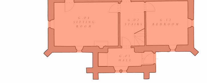 Architectural ground floor plan showing room layout with thick masonry walls, including a sitting room, hall, stairs, and bedroom.