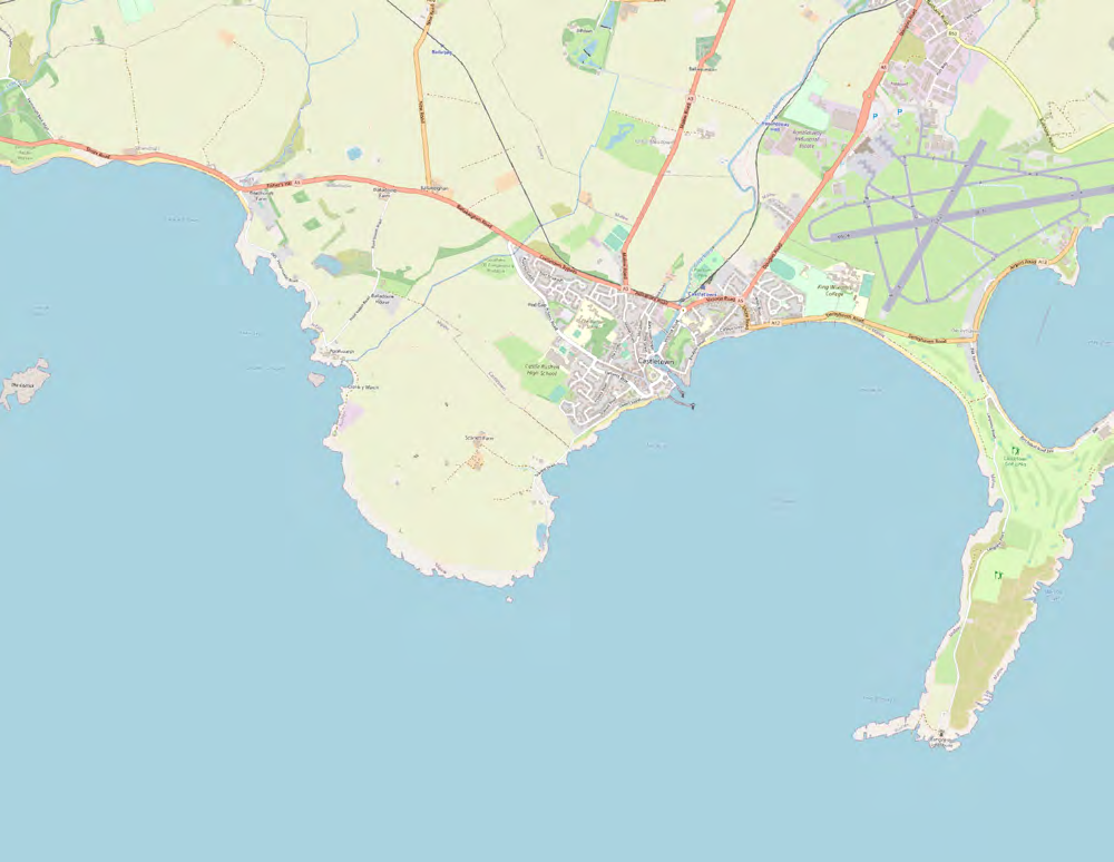 A topographical map showing a coastal site location with nearby roads, fields, and an airport runway.
