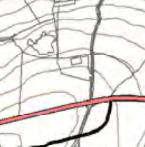 A topographical map extract showing contour lines, roads, and a prominent red line, likely indicating a boundary or route.