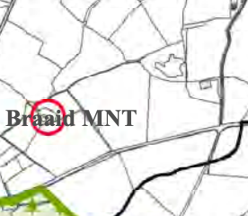 A site location map showing field boundaries and roads with a red circle highlighting the application site.