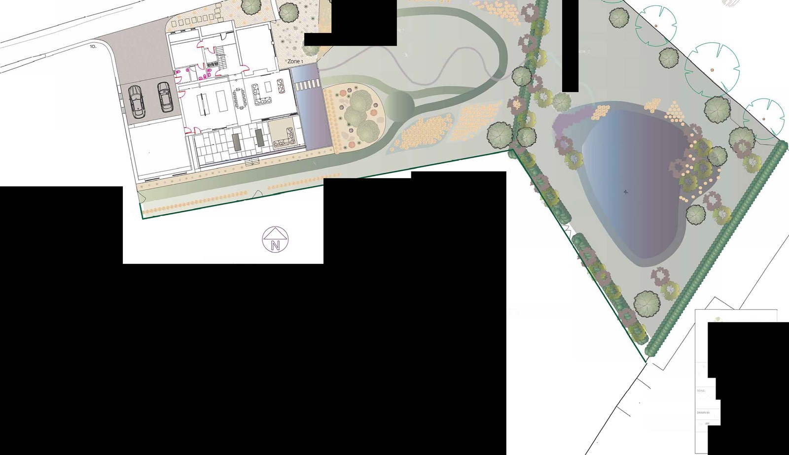 The image displays a site plan and landscape design for a proposed new dwelling, detailing the building footprint, internal layout, driveway, and a rewilded area with a pond.