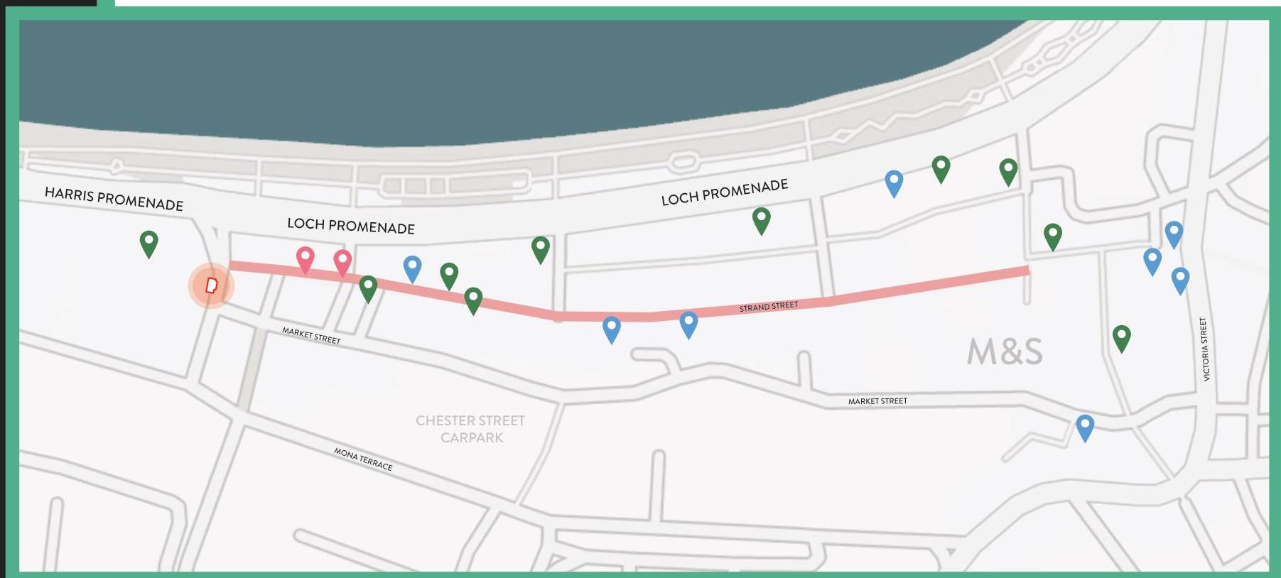 A digital map screenshot showing the site location marked with an orange pin along Strand Street and Loch Promenade in Douglas.