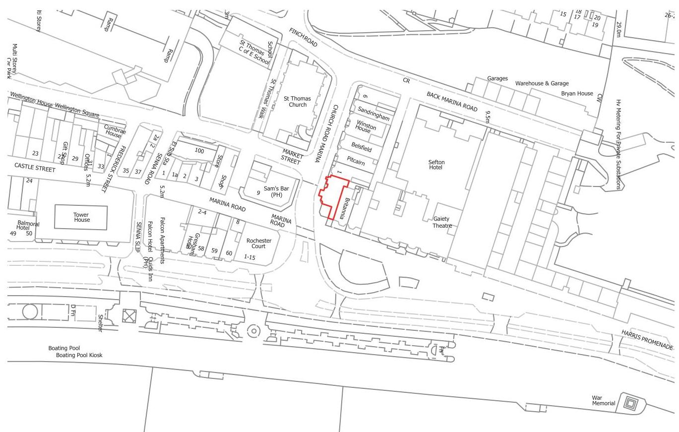 A site location plan showing the application property outlined in red on Church Road Marina, surrounded by streets like Castle Street and Harris Promenade.