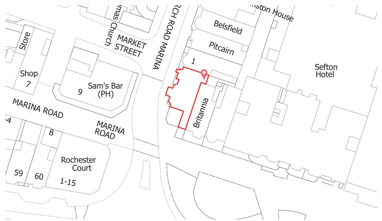 A site location plan showing the property at Britannia highlighted in red on Marina Road, surrounded by other buildings like Sam's Bar and Sefton Hotel.