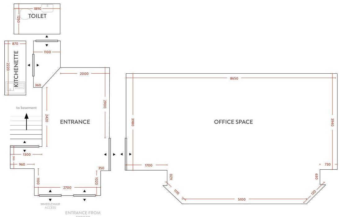 Architectural floor plan showing the layout of an office space, entrance, kitchenette, and toilet with detailed dimensions.
