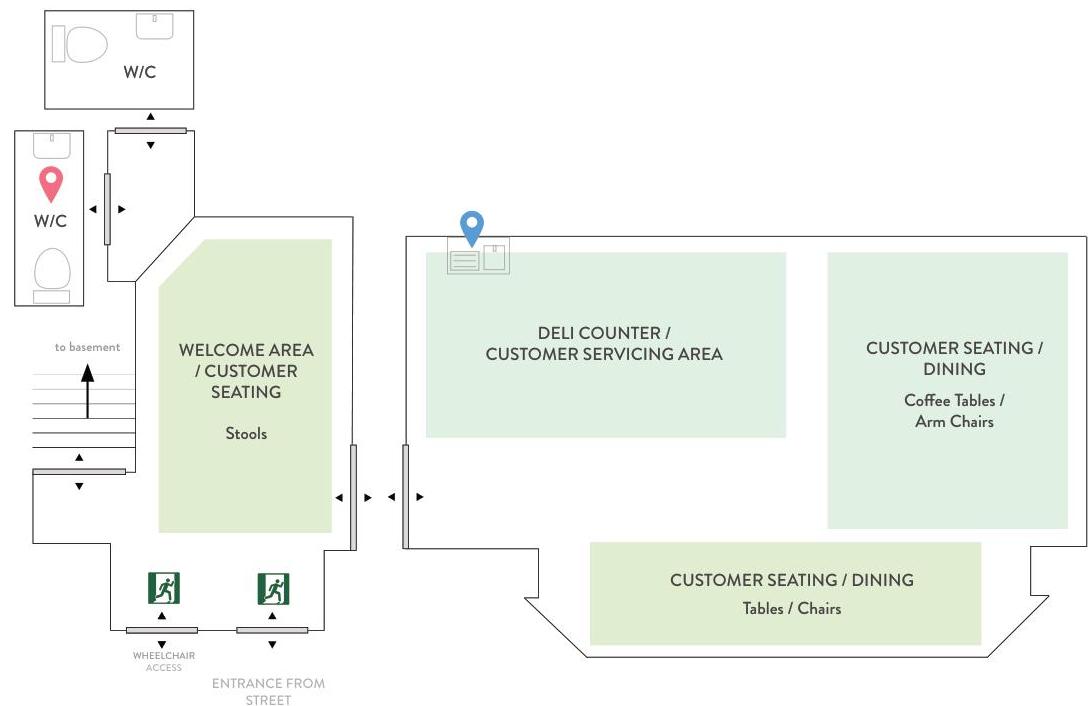 Architectural floor plan showing the internal layout of a commercial unit, including seating areas, a deli counter, and toilet facilities.
