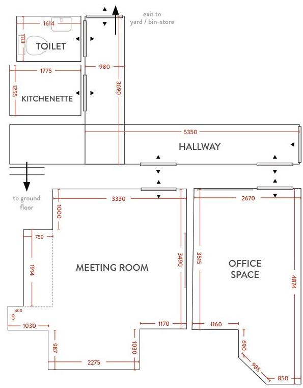 Architectural floor plan showing the layout of an office space, meeting room, kitchenette, and toilet with detailed dimensions.