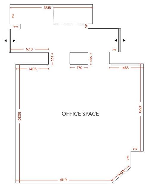 A 2D architectural floor plan labeled 'OFFICE SPACE' showing room dimensions and door openings.