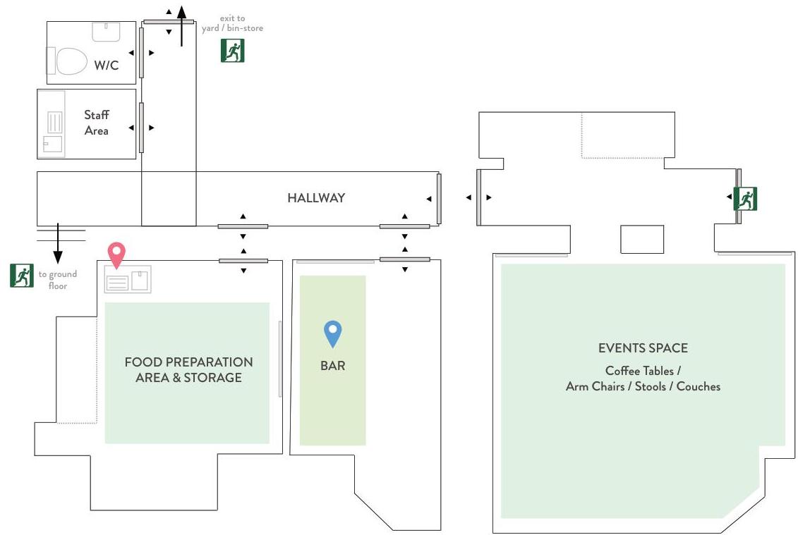 This image displays a detailed architectural floor plan for a commercial premises, showing the layout of rooms such as a food preparation area, bar, and events space. It includes labels for staff areas, W/C, and emerg...