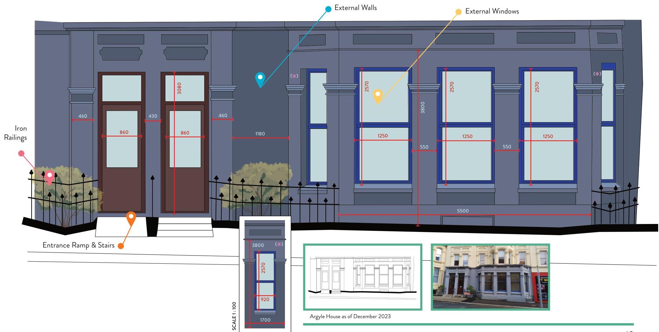 An architectural elevation drawing detailing the facade dimensions of a commercial building, including windows, doors, and railings, with a small reference photo inset.
