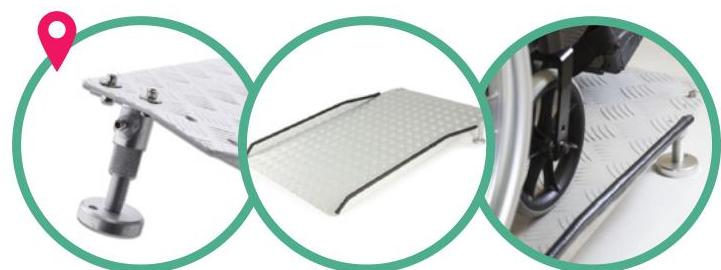 The image displays a technical illustration or diagram showing a metal wheelchair ramp and access platform in three circular views.