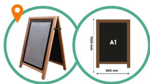 The image displays a technical specification for an A-frame sandwich board sign, featuring a product photograph on the left and a dimensioned diagram on the right.