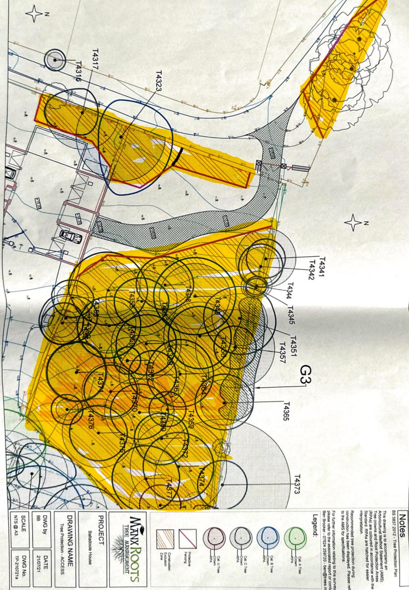 A technical site plan illustrating tree protection zones, canopy spreads, and access routes for a property named Ballaclooe House.