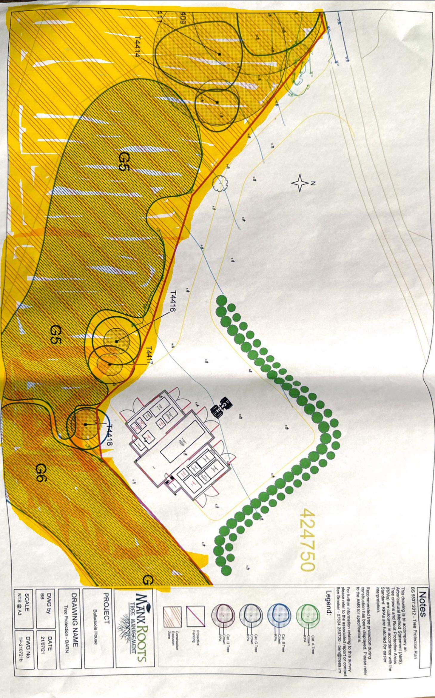 This image displays a tree protection plan and site layout for a project named 'Balloon House', featuring a building footprint surrounded by trees and yellow hatched areas. It includes a legend detailing tree protecti...