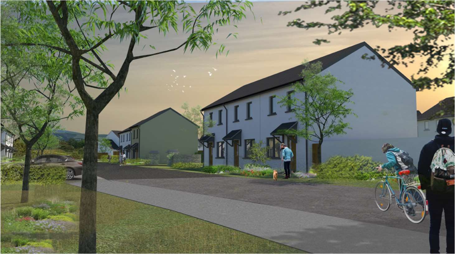 A computer-generated artist's impression showing a street scene with proposed new residential dwellings, landscaping, and pedestrians.