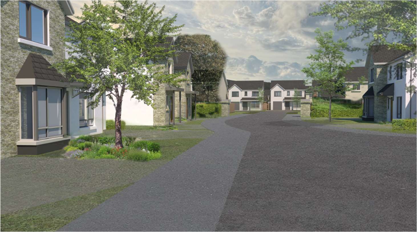 A photorealistic architectural rendering showing a proposed residential street with detached houses, paved roads, and landscaping.