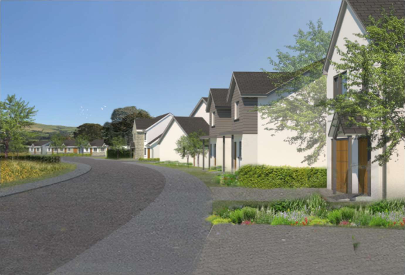 A 3D architectural rendering depicting a row of modern semi-detached houses along a curved road with landscaping and trees.
