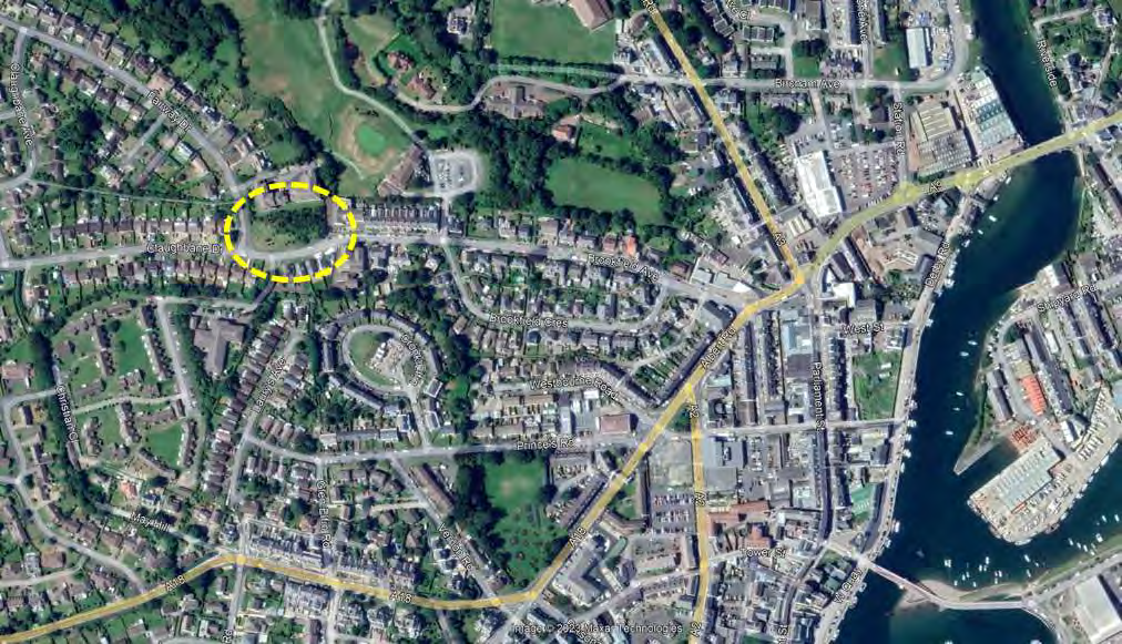 Aerial satellite map showing a residential area with a yellow dashed circle highlighting a specific plot of land near Craighill.