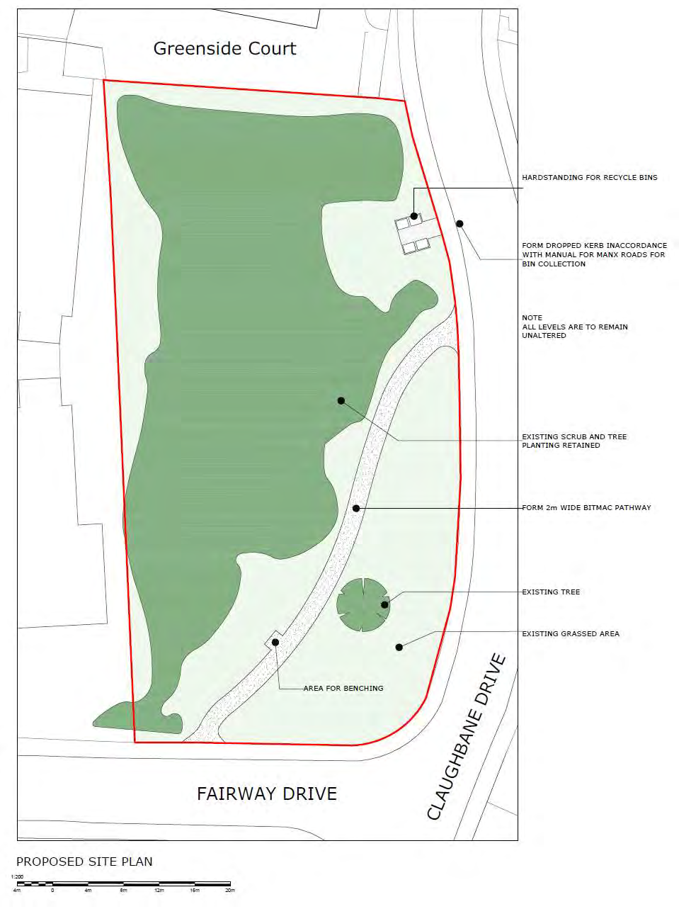 This image displays a proposed site plan for a public open space and footpath. It outlines the layout of a new pathway, hardstanding area, and retained green spaces within a red boundary line.