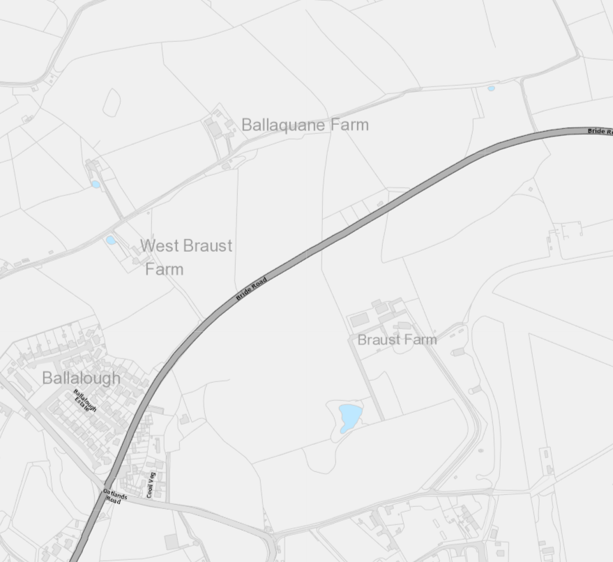 A site location map showing the proposed development area near Braust Farm and Ballaquane Farm along Bride Road.