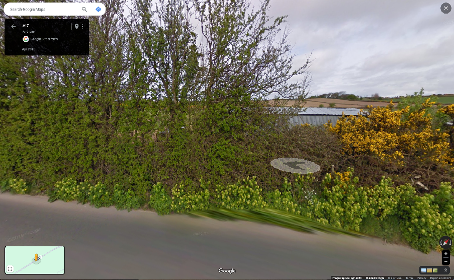 A Google Street View screenshot showing the roadside boundary along the A17 with a dense hedge and gorse, and an agricultural building visible in the background.
