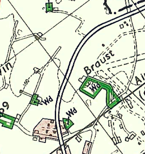 A topographic site plan showing a green highlighted boundary near a location labeled 'Braust', with surrounding buildings and contour lines visible.