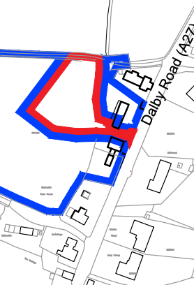 This image displays a site plan showing a plot of land outlined in red and blue boundary lines adjacent to Dalby Road. It illustrates the layout of existing buildings, including a barn and stables, and surrounding pro...
