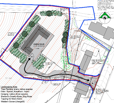 This image displays a detailed site plan for a proposed stable block, illustrating the building footprint, access driveway, and surrounding landscaping features such as tree planting and hedging.