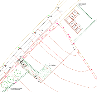 A technical site plan showing property boundaries, road access, and the layout for a proposed stable building.