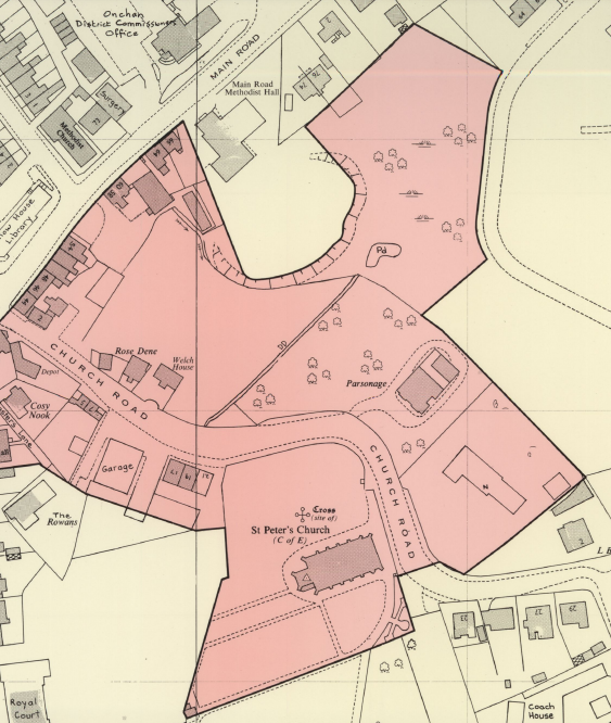 A map displaying a street layout with labeled buildings including St Peter's Church and a large pink shaded area covering several properties.