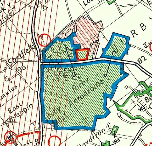 A site location map showing the Turf Aerodrome area with blue boundary outlines and red hatched zones overlaid on an Ordnance Survey map base.