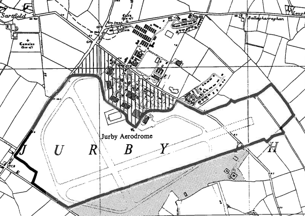 A black and white site location map showing the Jurby Aerodrome area with a thick black boundary line outlining the application site.