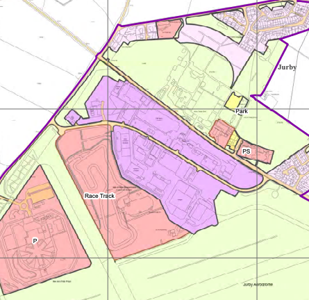 A color-coded zoning map displaying land use areas including a race track and aerodrome near Jurby.