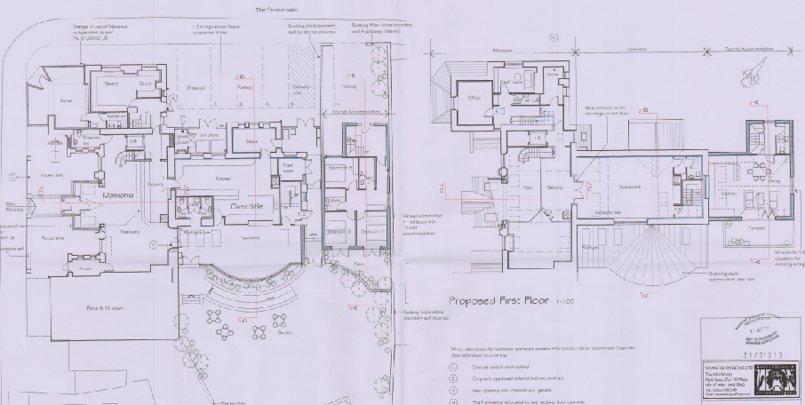 This image displays a technical architectural floor plan labeled 'Proposed First Floor' showing detailed room layouts including a kitchen, dining area, and bedrooms.