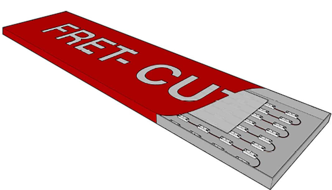 A 3D technical rendering of a rectangular illuminated sign with a red face and visible LED lighting elements on the back.