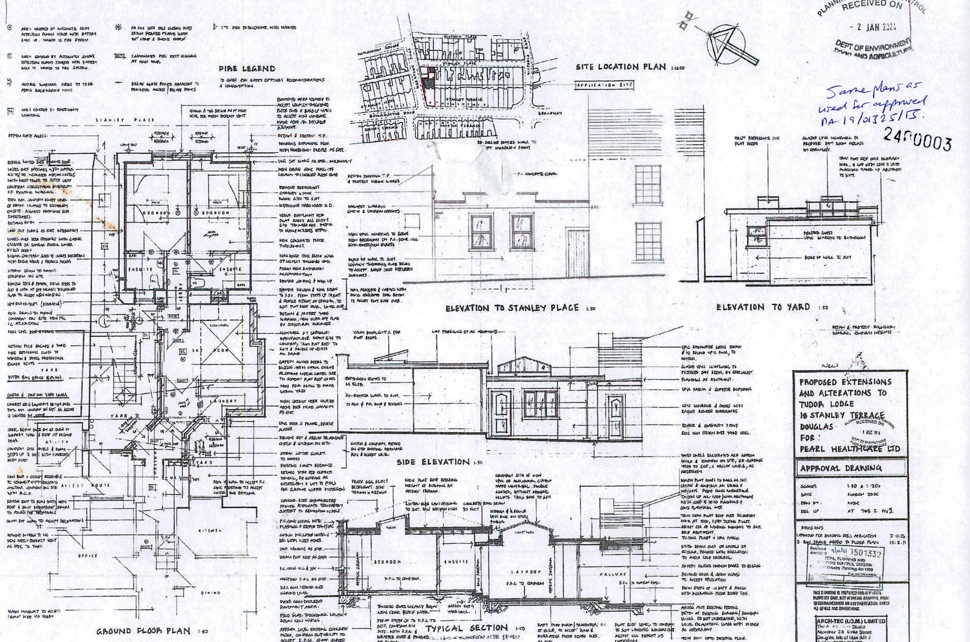 This image shows a comprehensive architectural drawing sheet for proposed extensions and alterations to a property in Stanley Terrace. It includes floor plans, elevations, a site location plan, and a title block detai...