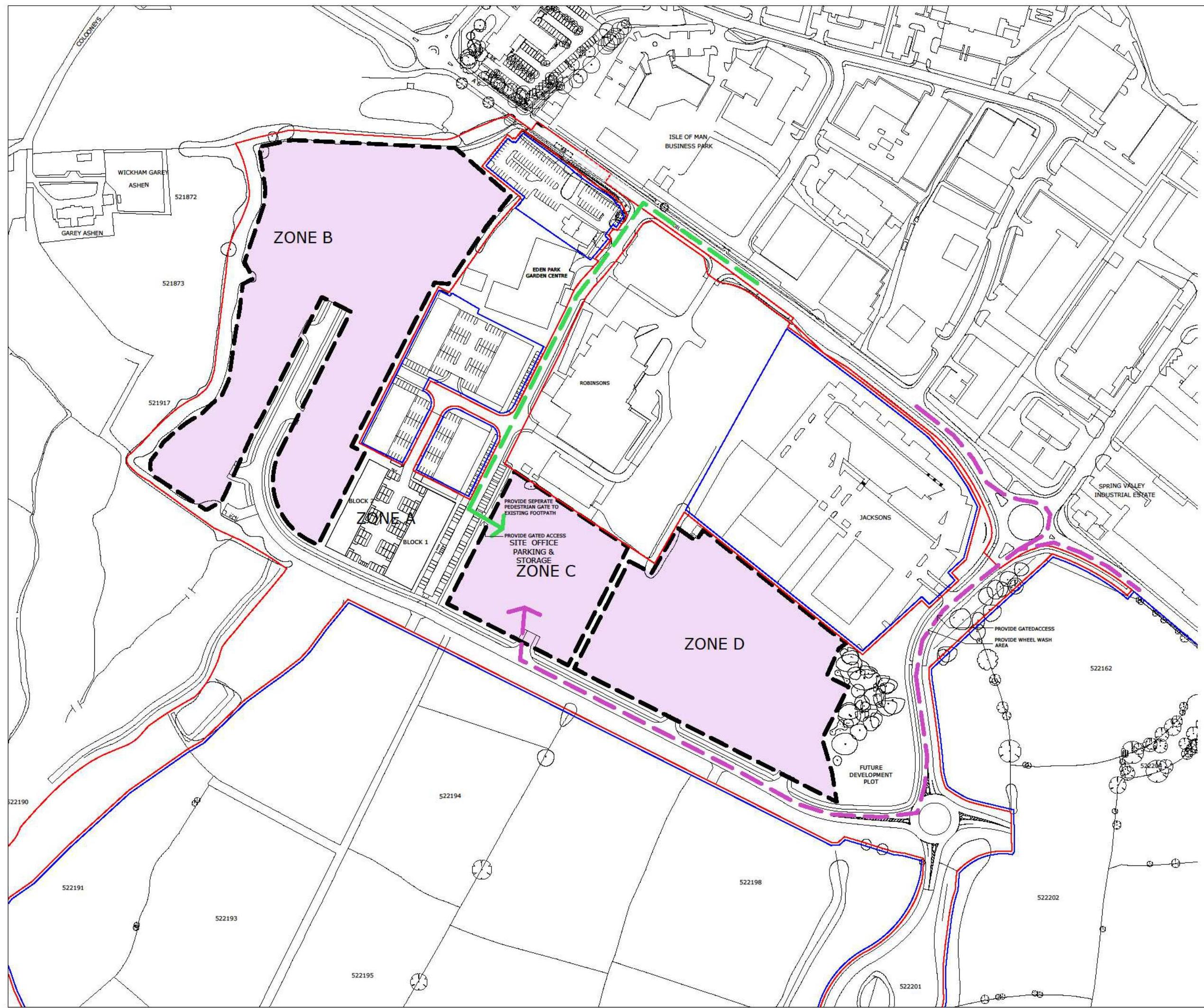 This image displays a technical site plan outlining specific zones (A, B, C, D) and proposed access points within an industrial estate.