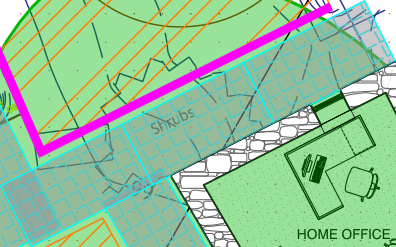 A technical site plan showing a home office layout, shrub planting areas, and boundary demarcations.