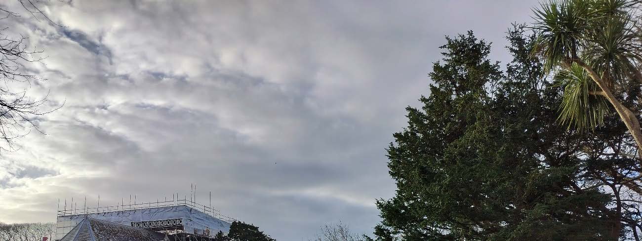 A panoramic photograph showing a cloudy sky above a building roof covered in scaffolding and white sheeting, with large trees visible on the right side.