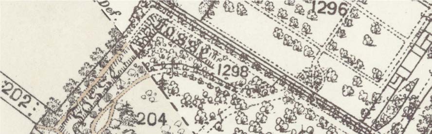 A close-up section of a topographical site plan or OS map extract showing contour numbers, tree symbols, and boundary lines.