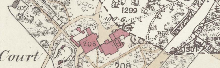 A close-up section of a historical topographical map showing a building footprint labeled 205, surrounded by trees, paths, and contour lines indicating elevation.