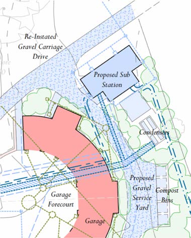 The image shows a site layout plan detailing proposed changes including a re-instated gravel carriage drive, a proposed sub-station, and a service yard area.