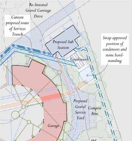 A site plan illustrating proposed changes including a substation, gravel service yard, and driveway reinstatement with service trench routes.