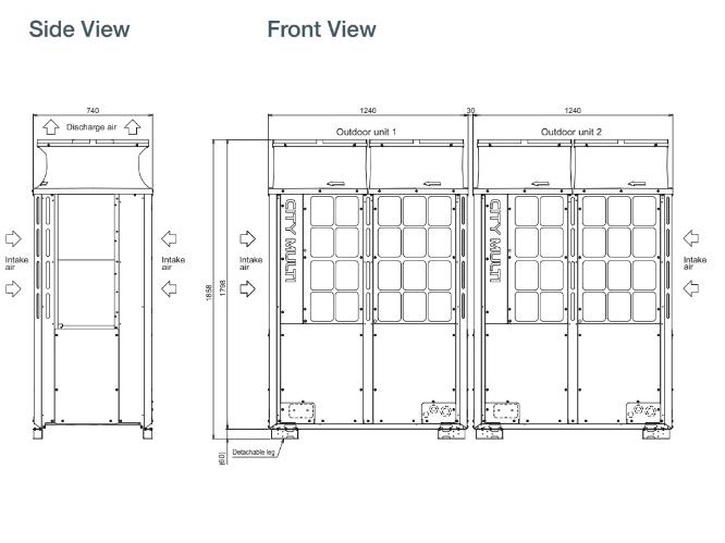 Technical engineering drawing displaying side and front elevations of outdoor plant equipment enclosures with dimensions and airflow arrows.