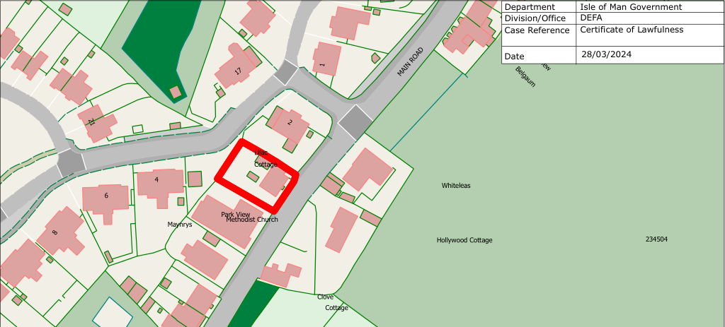A site location map highlighting a specific property outlined in red on Main Road, showing surrounding buildings and green spaces.