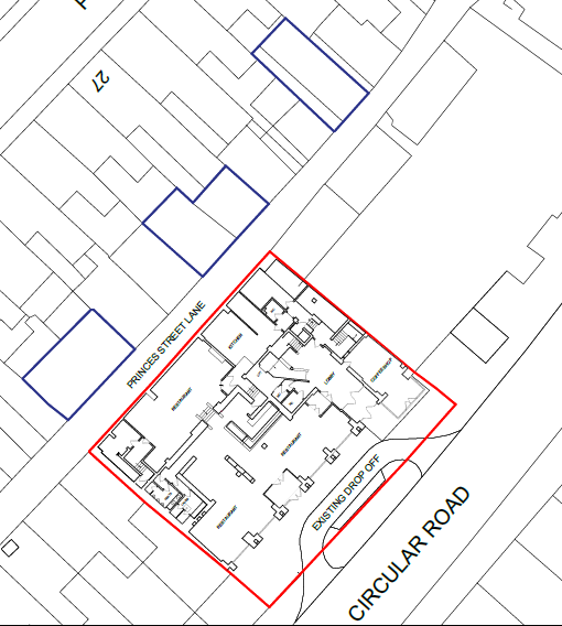 A site plan showing the application site outlined in red at the junction of Princes Street Lane and Circular Road, displaying internal room layouts and adjacent properties.